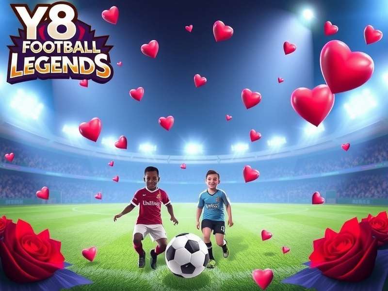Y8 Football Legends Valentine gameplay screenshot showing heart-themed football field