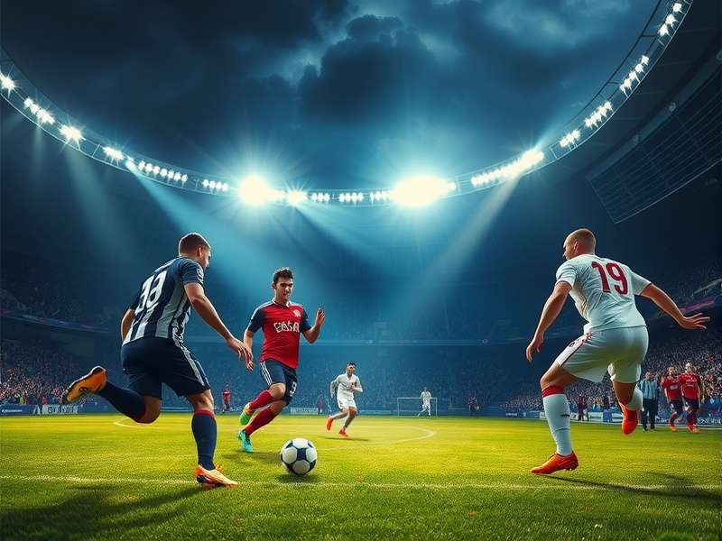 Dynamic gameplay screenshot from Football Legends 2025 showing a player dribbling past defenders