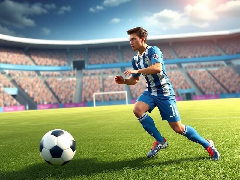 Football Player dribbling past defenders in a stadium under floodlights